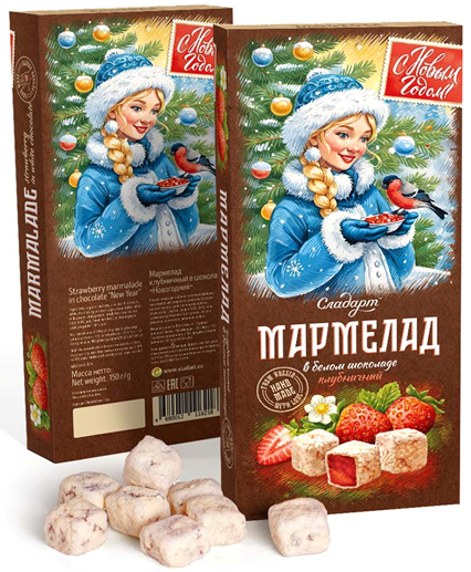  Сладарт(11621) Мармелад Новогодний "Снегурочка" Клубничный в белом шоколаде, 150г   в Каменске-Уральском