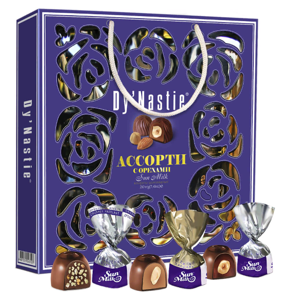 №3 Династия Сумка Конфеты "Ассорти с орехами", 210г     в Каменске-Уральском